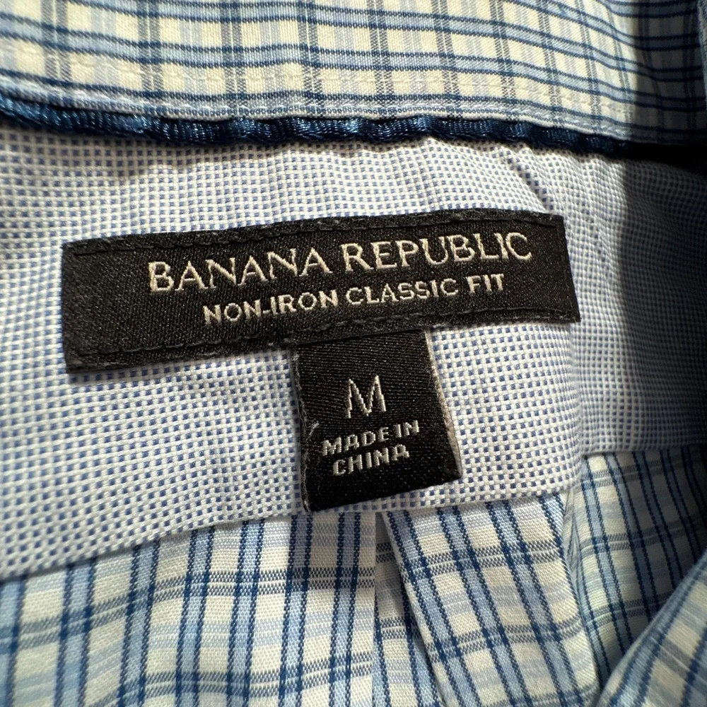 Banana‎ Republic Shirt Mens M Blue Cotton Non-Iron Classic Fit Check Business